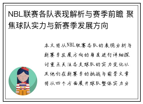 NBL联赛各队表现解析与赛季前瞻 聚焦球队实力与新赛季发展方向