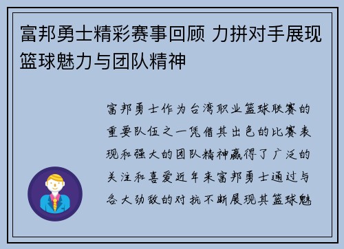 富邦勇士精彩赛事回顾 力拼对手展现篮球魅力与团队精神